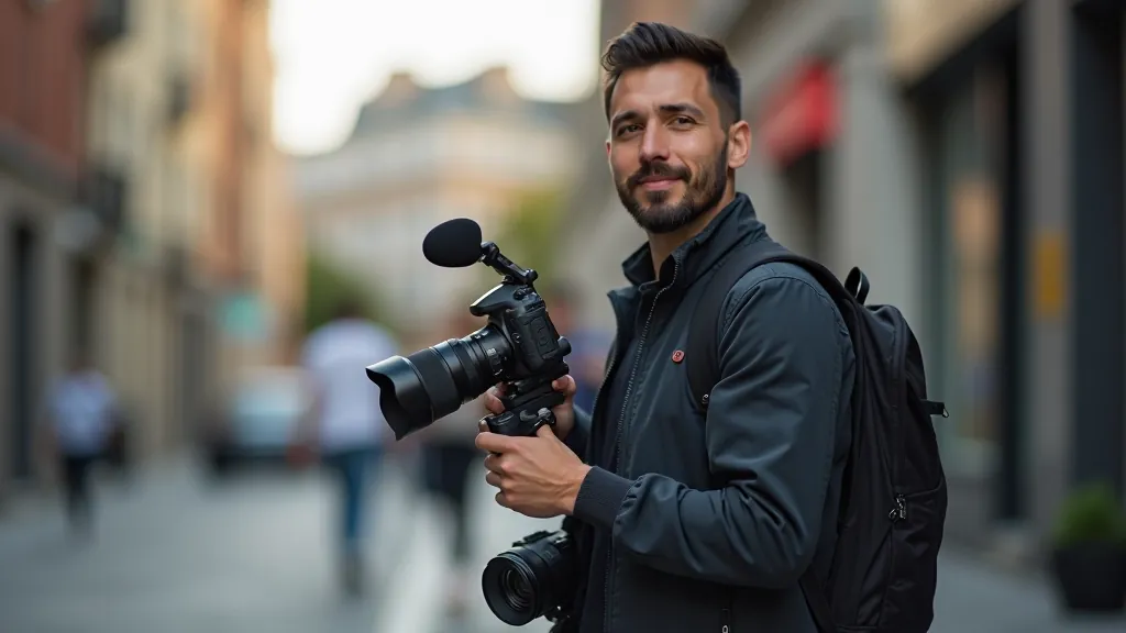Tvůrce obsahu s kamerou a profesionálním vybavením, přenášející přenosné zařízení