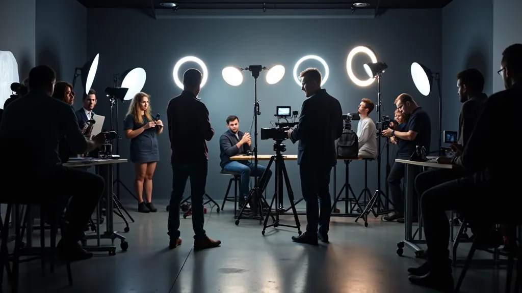Tým profesionálních filmařů a techniků pracující v moderním studiu