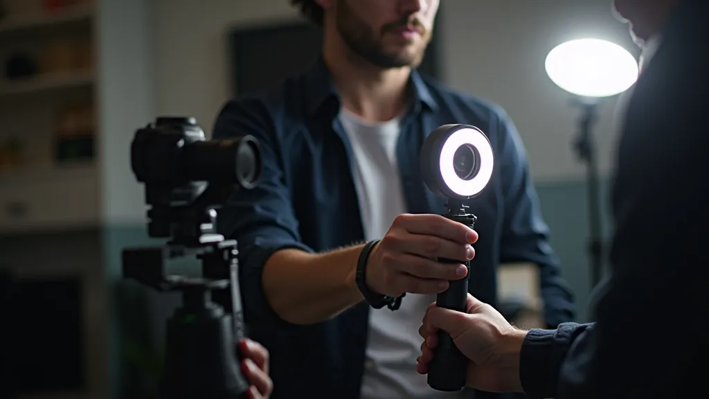 Profesionální filmař nastavující LED osvětlení a stabilizátor, profesionální setup
