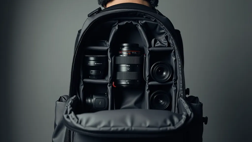 Otevřený fotobatoh s vnitřní strukturou, odnímatelným dělítky a organizéry pro fotoaparát a objektivy